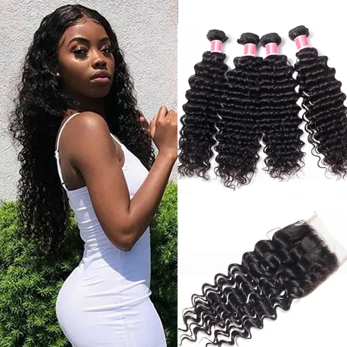 Deep Wave 4 Bundles With 4x4 Lace Closure Human Hair Closure With Bundle Deals