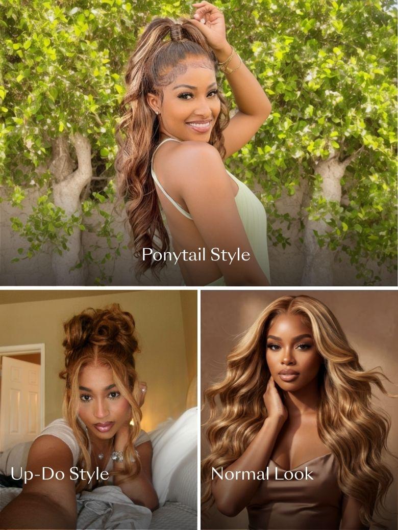 A model displays the UNice 7x5 Bye Bye Knots Wig With Drawstring Pre-Cut Glueless Lace Honey Blonde Body, showing a col of different hairs styles and body wave texture.