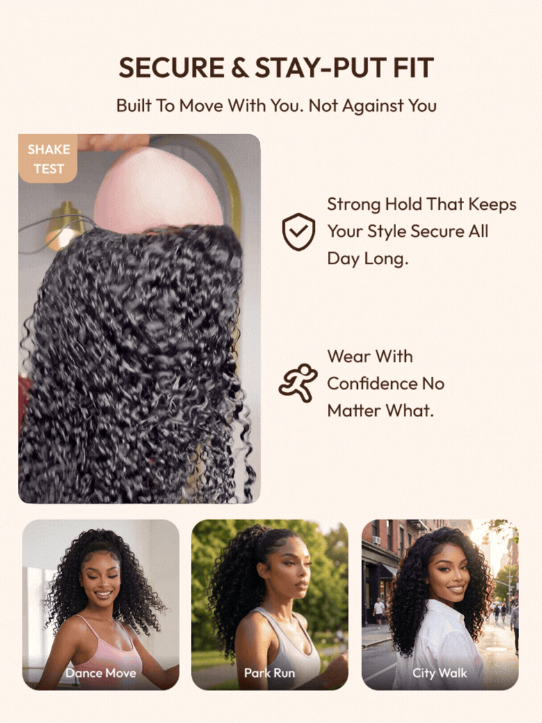 A model displays the UNice Half Wig MeltLine Burmese Curly with Finger Coily Ends Beginner Friendly with, showing a model with curly hair and a white shirt and Burmese.