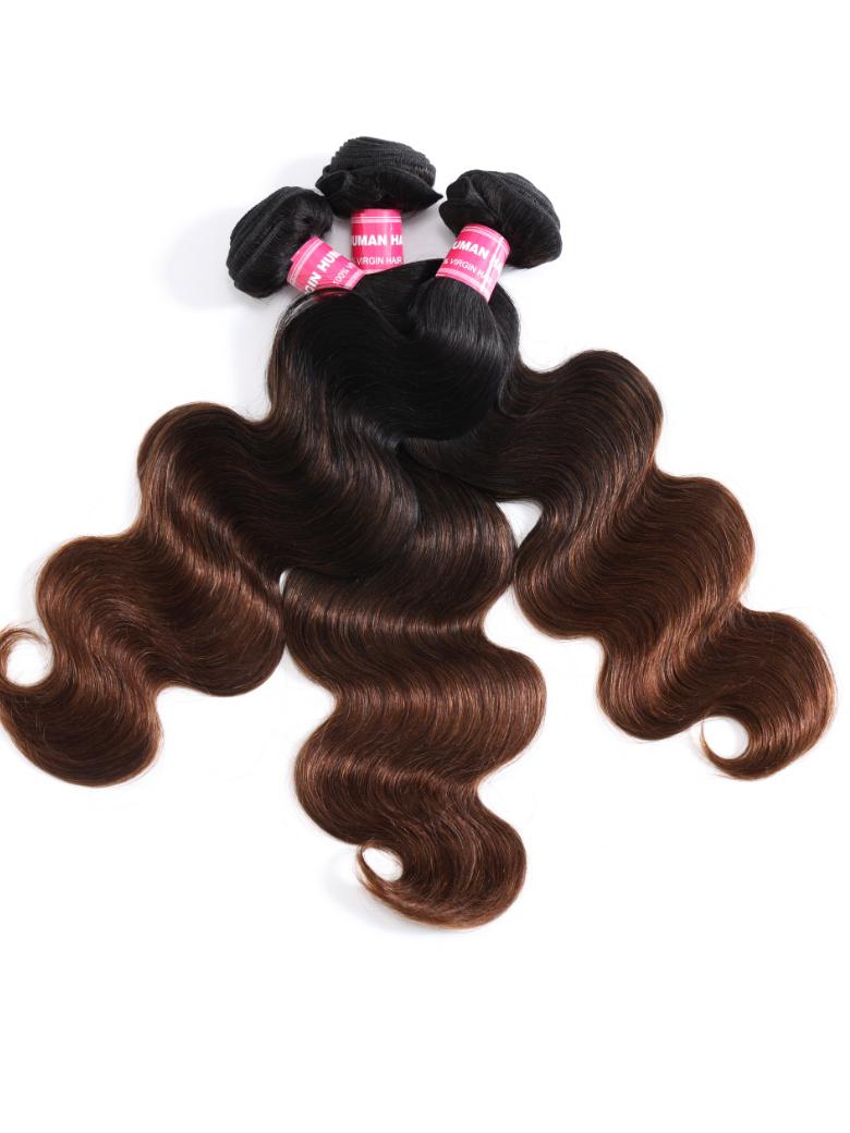 The UNice Chestnut Brown Ombre 3 Pcs Body Wave Human Hair Bundles image highlights MANHA, a bundle of hair extensions on a white background and body wave texture, ombre.