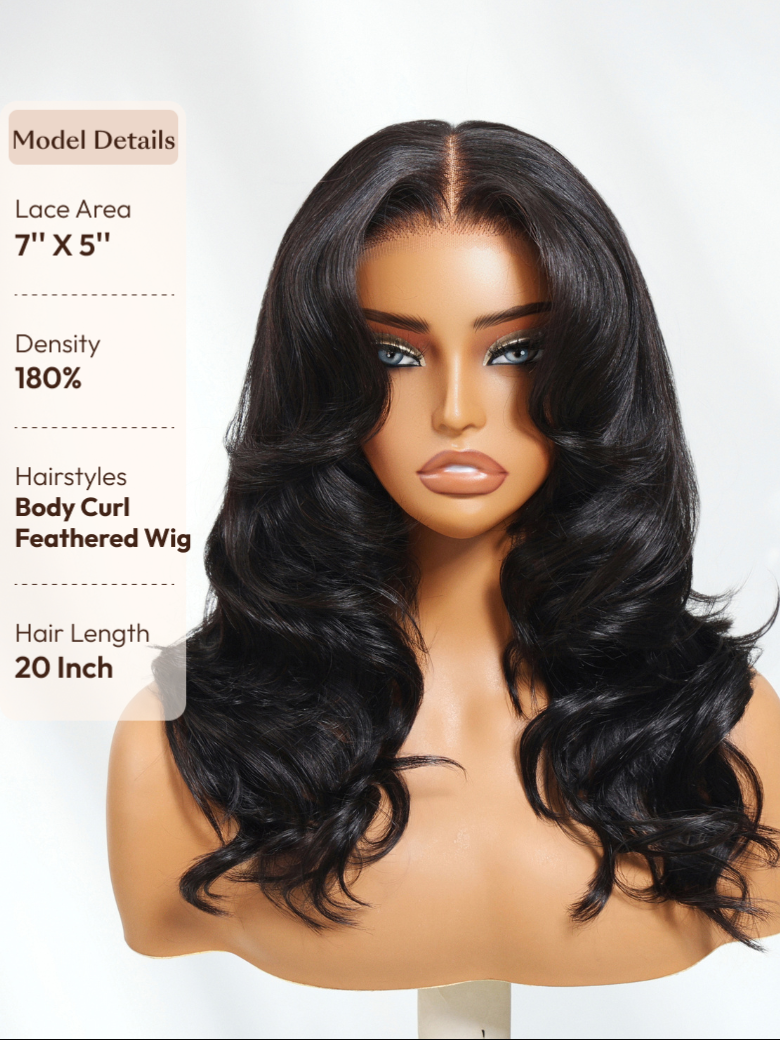 The UNice 180% Density 7x5 Bye Bye Knots Butterfly Cut Body Curls Lace Wig with image highlights ModelDetails, LaceArea, 7"X5", Density, a wig with long hair and a full.