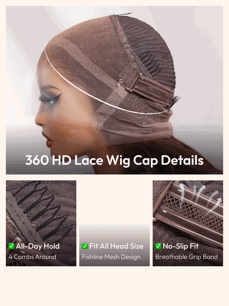 A model displays the UNice 360 HD Lace Pre-plucked Luxury Raw Virgin Hair Natural Black Body Wave Wig, showing a model with long hair wearing a wig and body wave.