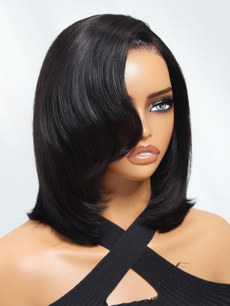 The UNice Bye Bye Slip 7x5 Lace Side Part Layered Wig With Side-Swept Bangs with visual image position 5 shows a model wearing a black wig | 7x5, lace finish, drawstring.