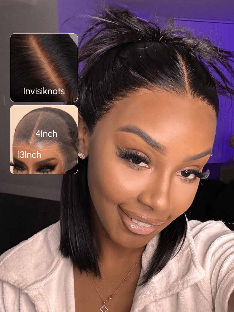 A model displays the UNice 13x4 Pre-Everything Lace Frontal Natural Black Bob Wig Pre Cut Lace Wig, showing a model with a black hair and a white shirt and natural.