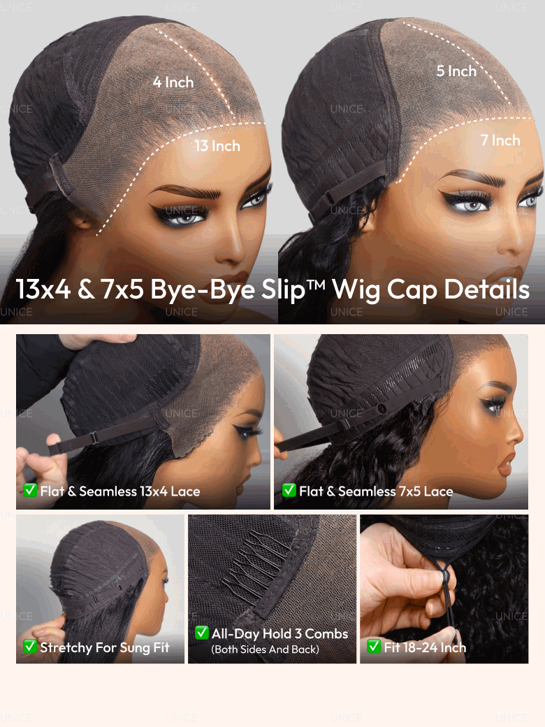 The UNice 7x5 & 13x4 Bye Bye Slip Glueless Lace Purple Black Cherry Loose Wave & Layered image highlights 5Inch, 4Inch, UNICE, 13Inch, a series of three different types.