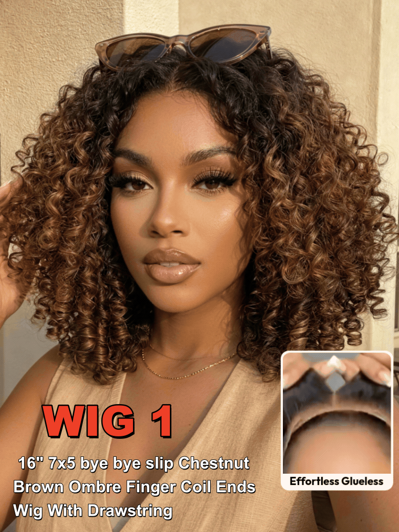 A model displays the UNice 2 wig $169 for 7x5 bye bye slip Chestnut Brown Ombre Finger Coil Ends Wig With, showing a model with curly hair and sunglasses and ombre, 7x5.