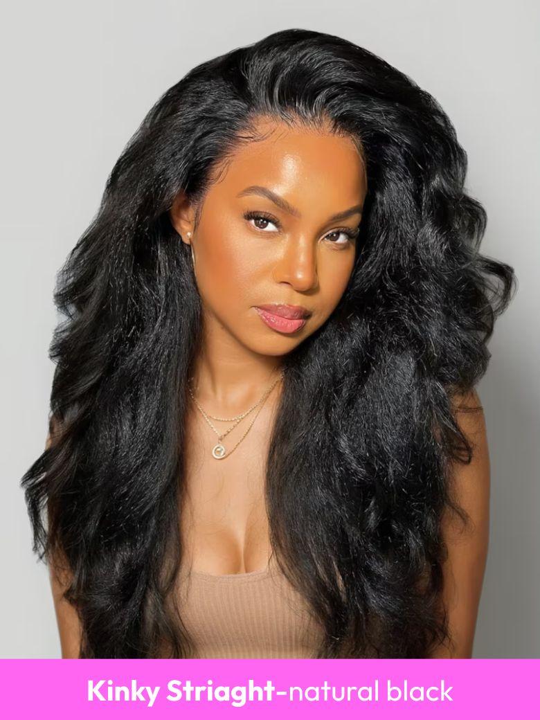 A model displays the UNice 13x4 Glueless Lace Front Collection Wig Virgin Human Hair Wig, showing a model with long black hair and a pink background and 13x4, glueless.