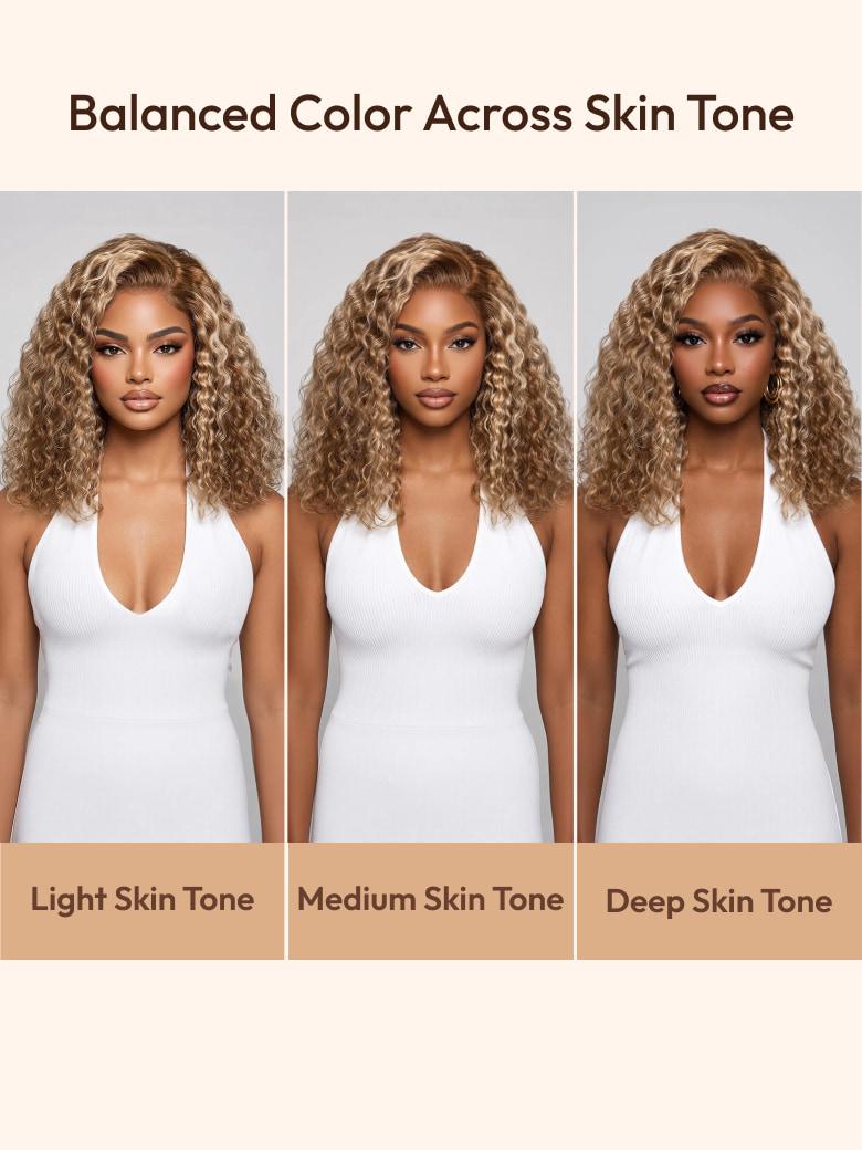 A model displays the UNice 7x5 Bye Bye Slip Glueless Invisible Drawstring Honey Blonde Highlights wig, showing a model with blonde hair and a white tank top and curly.