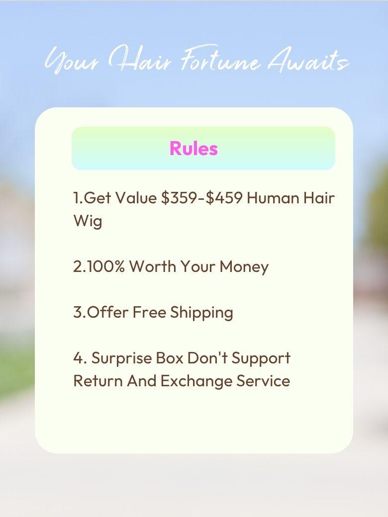 A model displays the UNICE $139 Surprise Box Get 24''-26'' 200% Density 13x4 Lace Frontal Wig Value $359-$459, showing a woman in a white shirt and jeans with the text.