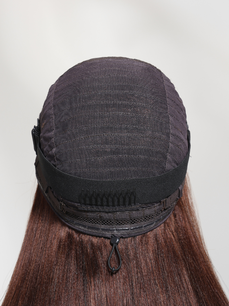 A model displays the UNice 5x5 HD Reddish Brown body wave & 4x4 Pre-Cut Lace Chocolate Brown Yaki wig, showing a model with long brown hair is wearing a black hat.