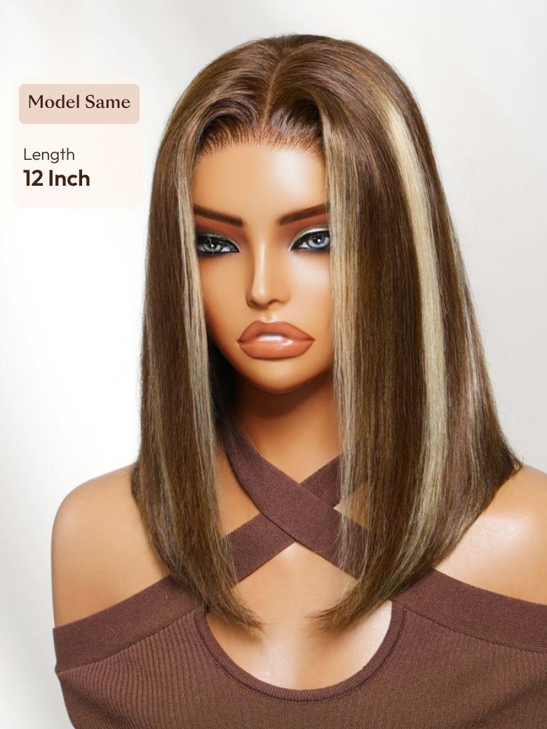 A model displays the UNice 7x5 Bye Bye Slip Lace Glueless Brown with Blonde Skunk Stripe Straight Bob Wig, showing a model with long blonde hair and brown eyes.