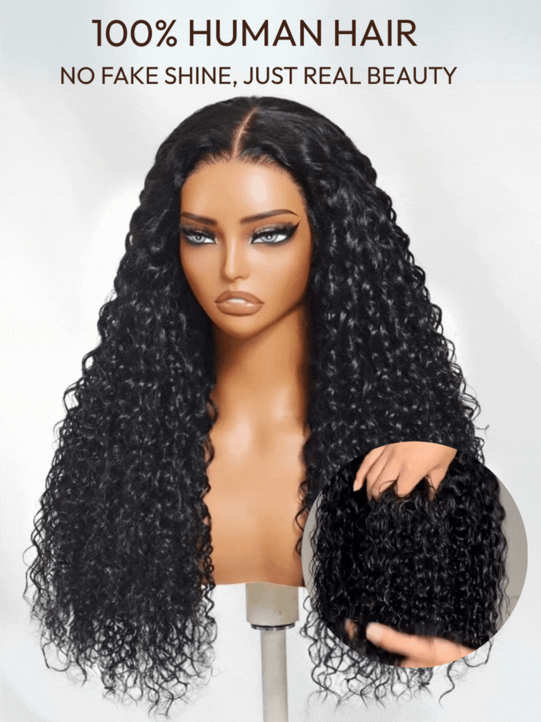 A model displays the UNice 13x4 Pre-Everything Lace Frontal Natural Black Bouncy Water Wave Curly, showing a woman wearing a long curly wig and water wave texture, curly.
