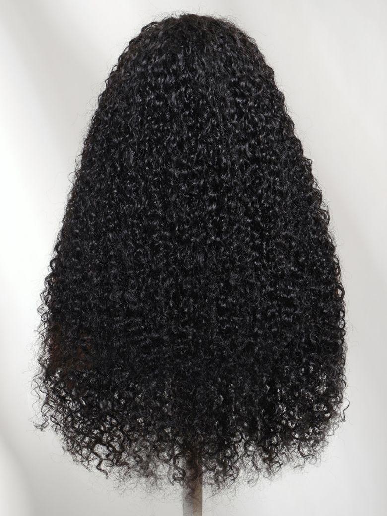 The UNice 22'' Bye Bye Knots 7x5 Lace Jerry Curl 150% Density Wig with Lived-In Coils product image shows a wig with curly hair on a mann and jerry curl texture, defined.