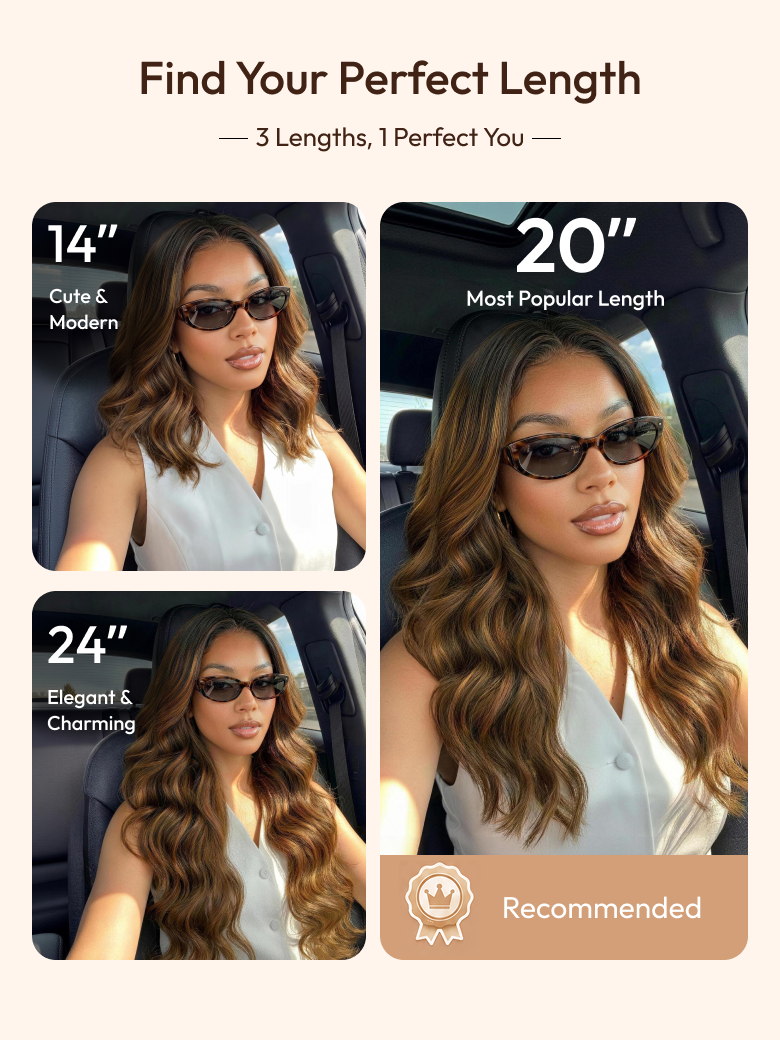 A model displays the UNice 7x5 Bye Bye Slip Balayage Highlight Body Wave & Curtain Bangs Wig - Glueless, showing a model with long hair and sunglasses in her car.