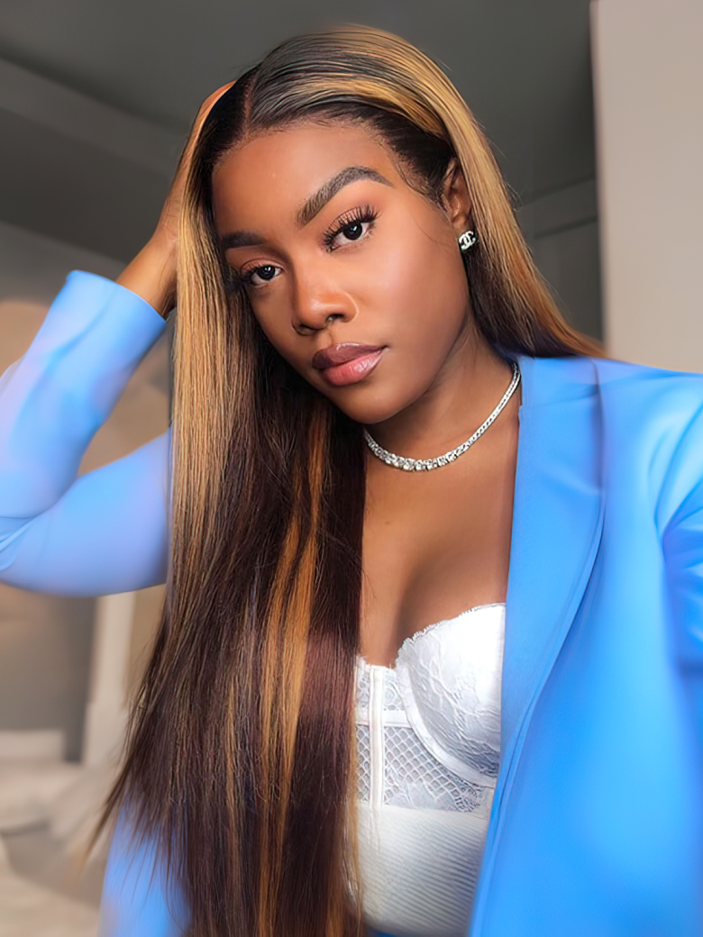 A model displays the UNice Hair Virgin 3 Bundles Deals Colored Hair Weave #FB30 Straight Hair, showing a woman in a blue suit and white bra top and straight texture.
