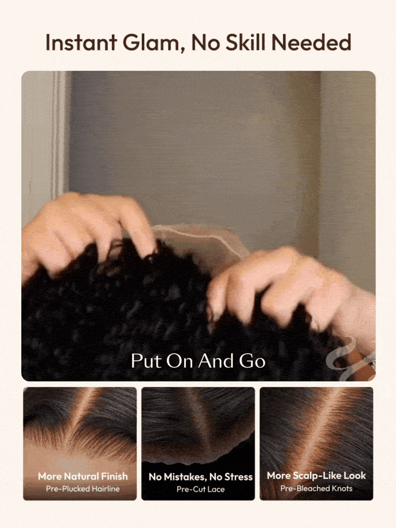 Infographic for a beginner-friendly curly black wig highlighting the pre-plucked hairline, pre-cut lace, and pre-bleached knots for a realistic, scalp-like appearance without professional styling.