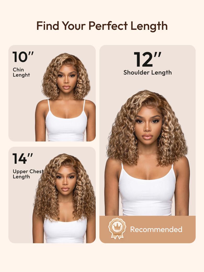 The UNice 7x5 Bye Bye Slip Glueless Invisible Drawstring Honey Blonde Highlights wig visual image position 10 shows a model with curly hair and a white tank top | curly.