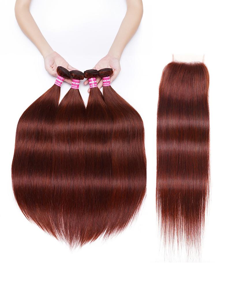 A model displays the UNice Dark Auburn Straight Remy Human Hair 4 Bundles With Closure Deal, showing a woman holding a piece of red hair and straight texture.