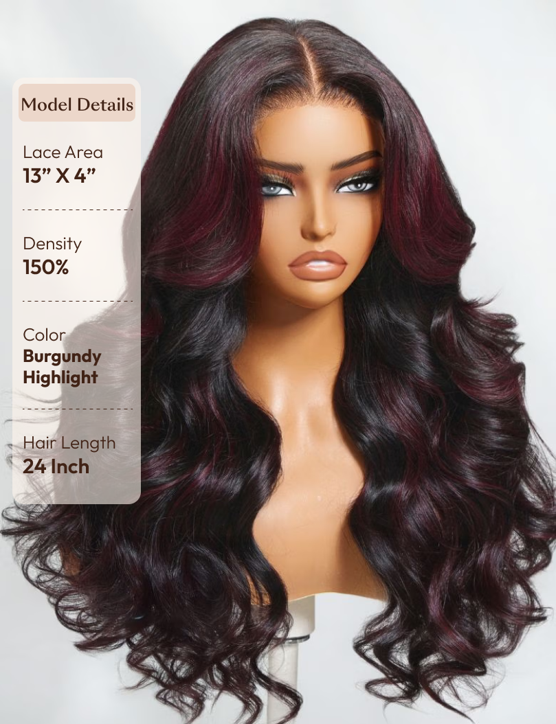 UNice 13x4 Pre-Everything™ Lace Frontal Deep Burgundy Highlights Loose Wave Drawstring Wig with Face Framing Layers