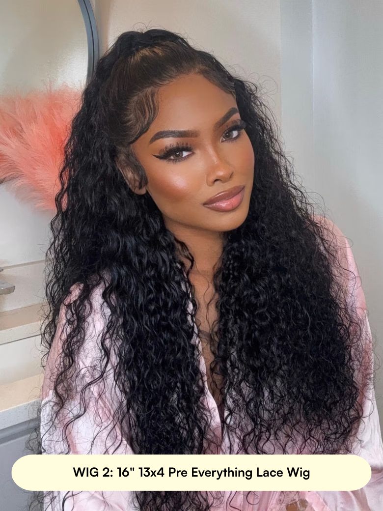 A model displays the UNice All 13x4 Pre-Everything Lace Wig, showing a model with long curly hair wearing a pink shirt and 13x4, lace finish.