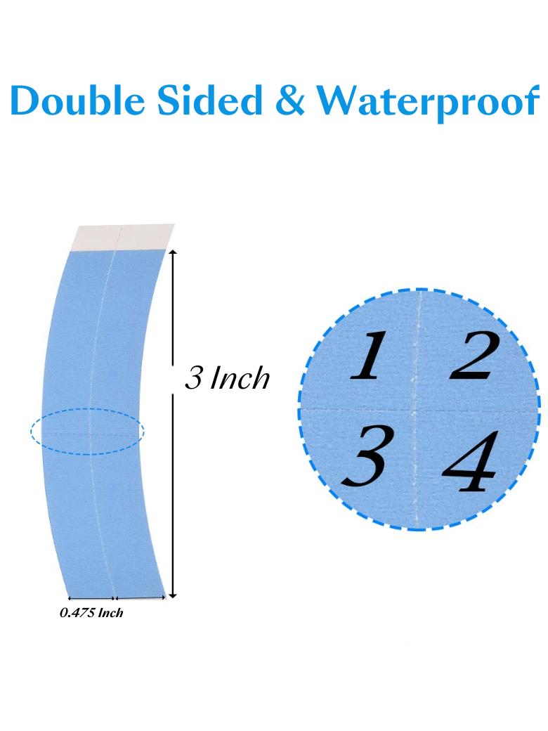 The UNice Invisible Peelable Water Proof Tape For Lace wig/Toupee/Hair Extension image highlights Double Sided &Waterproof, 3 Inch, 0.475lnch, double sided waterproof.