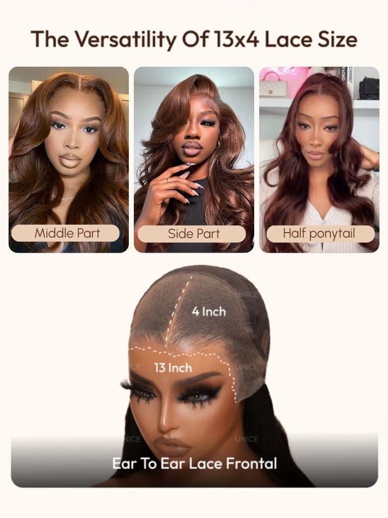 UNice 13x4 Pre-Everything™ Lace Frontal Auburn Brown Loose Wave& Water Wave Wig with Invisi Drawstring & Face Framing Layers 150% Density