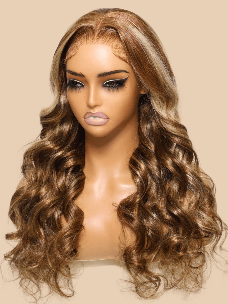 The UNice 7x5 ByeBye Knots Wig Glueless Lace Honey Blonde 3D Body Wave Wig With Bleached visual image position 15 shows a wig with long wavy hair | body wave texture.