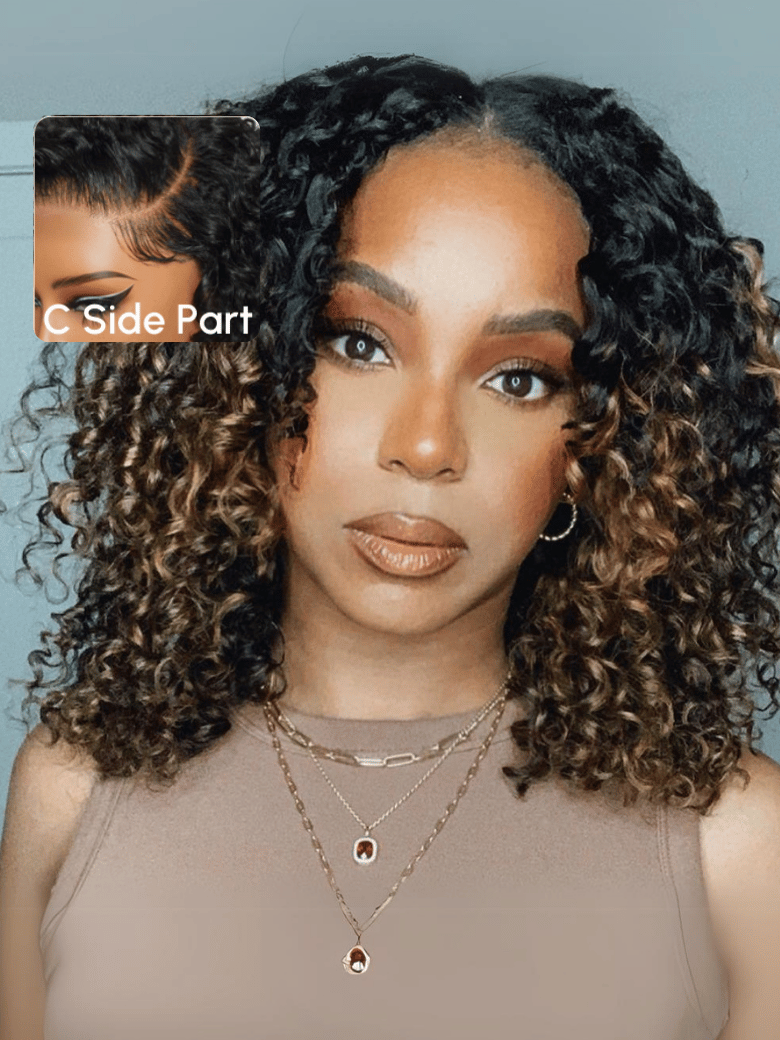 A model displays the UNice 7x5 Lace Bye Bye Slip Lace Frontal Side Part Wig Chestnut Brown Ombre Short, showing a model with curly hair and a necklace and curly texture.