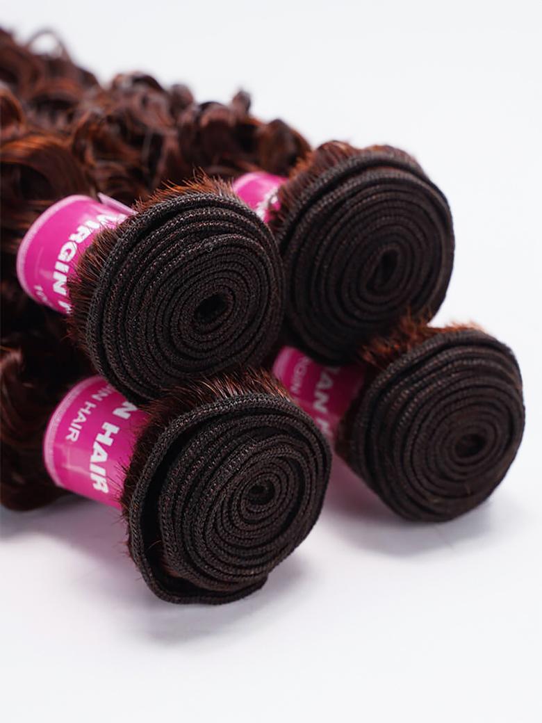 The UNice Vibrant Reddish Brown Jerry Curl 4Pcs 100% Remy Human Hair Bundles Deal image highlights GIN, HAIR, a pile of brown hair on a white background and jerry curl.