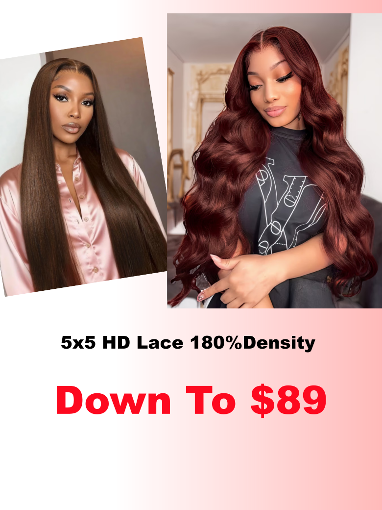 A model displays the UNice 5x5 HD Reddish Brown body wave & 4x4 Pre-Cut Lace Chocolate Brown Yaki wig, showing a model with long red hair and a model with long red hair.
