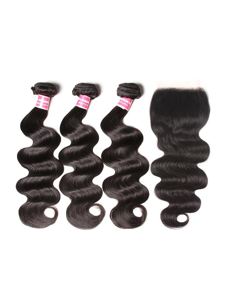 The UNice 5x5 Clear HD Lace Closure With Body Wave 3Pcs Bundles product image shows brazilian body wave hair bundles and body wave texture, 5x5, lace finish.