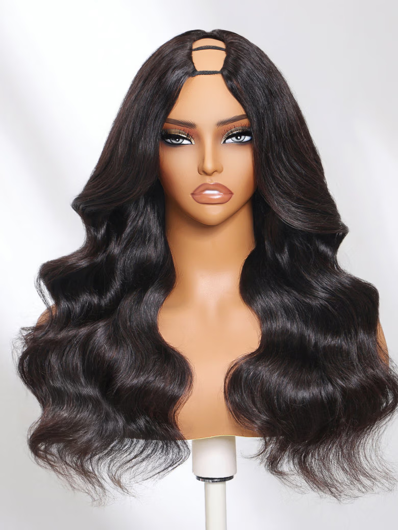 The UNice 180% Density 7x5 Bye Bye Knots Butterfly Cut Body Curls Lace Wig with detail image shows a wig with long hair and a wavy body and body wave texture, 7x5, lace.