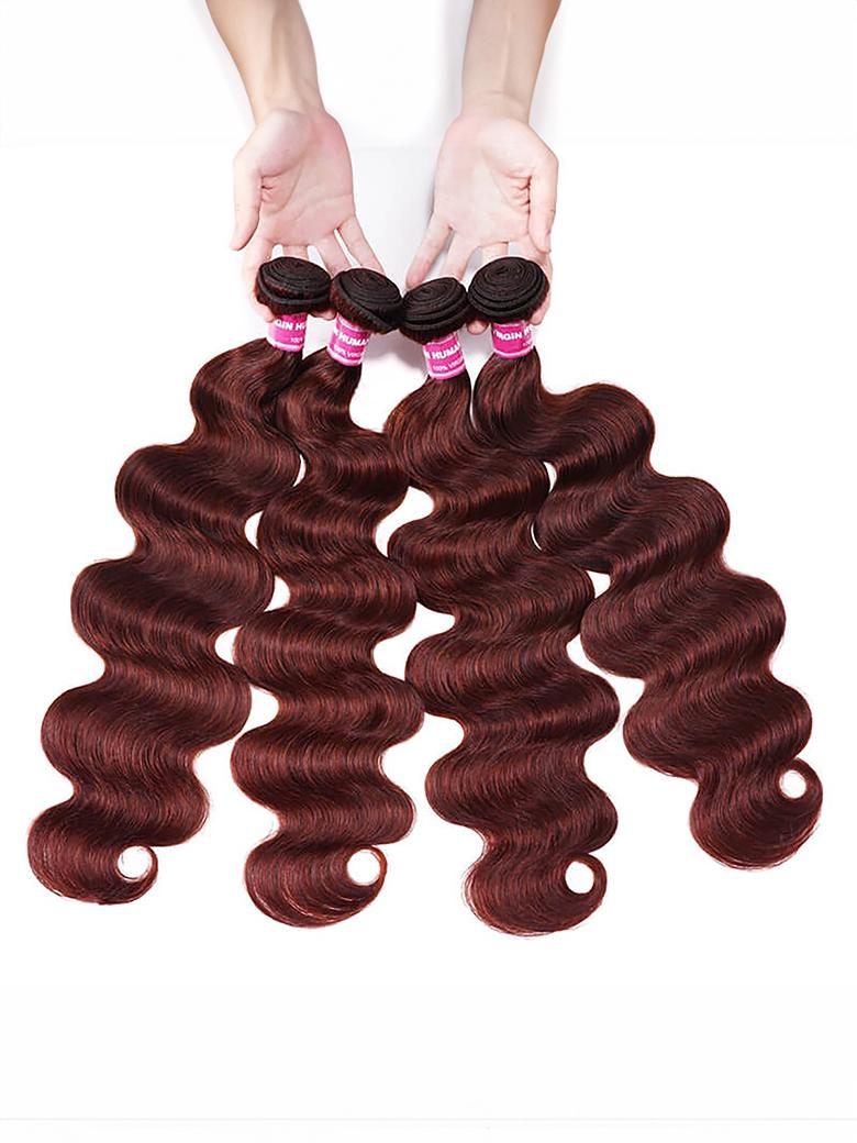 The UNice Dark Auburn Body Wave Remy Human Hair 4 Bundles With Closure Deal product image shows body wave hair extensions and body wave texture, bundle fullness.