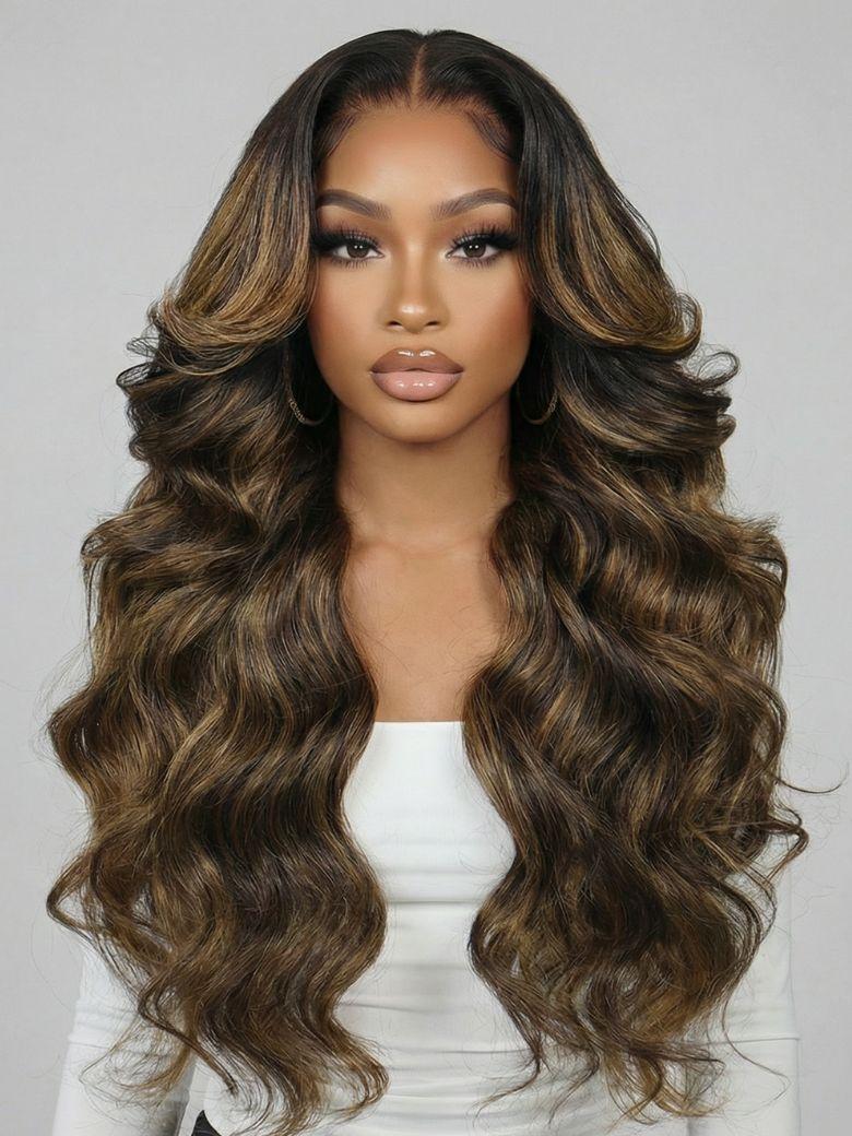 A model displays the UNice #FB30 Brown Balayage Highlight Human Hair 3Pcs Body Wave Human Hair Bundles, showing a model with long brown hair wearing a long wavy wig.