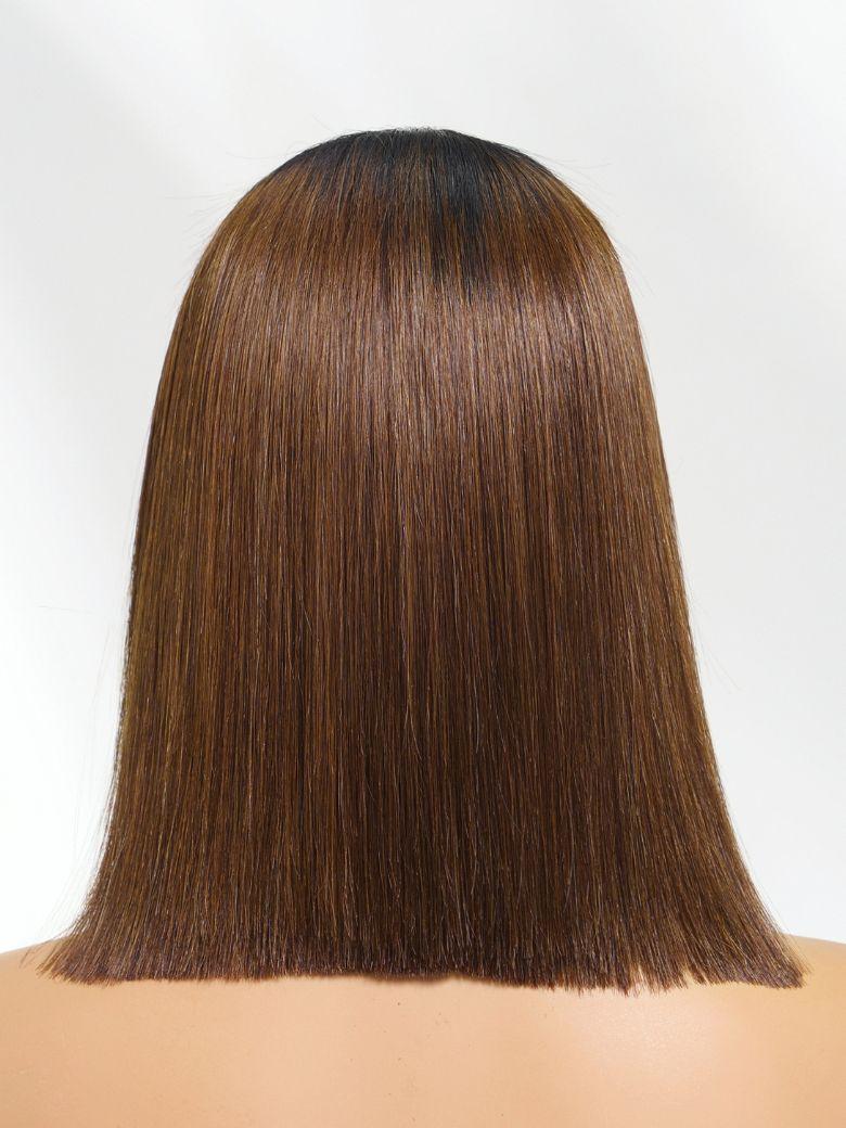 A model displays the UNice 2x6 Closure 200% Density #4 Brown With Dark Root Bob Wig, showing a model with long brown hair and a brown wig and 2x6.