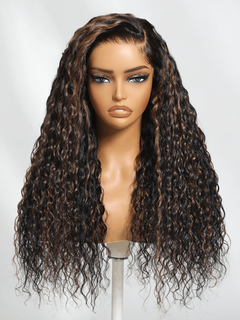 The UNice 7x5 Bye Bye Knots Lace Water Wave Black Wig With Golden Brown Highlights product image shows a wig with long curly hair and water wave texture, golden brown.