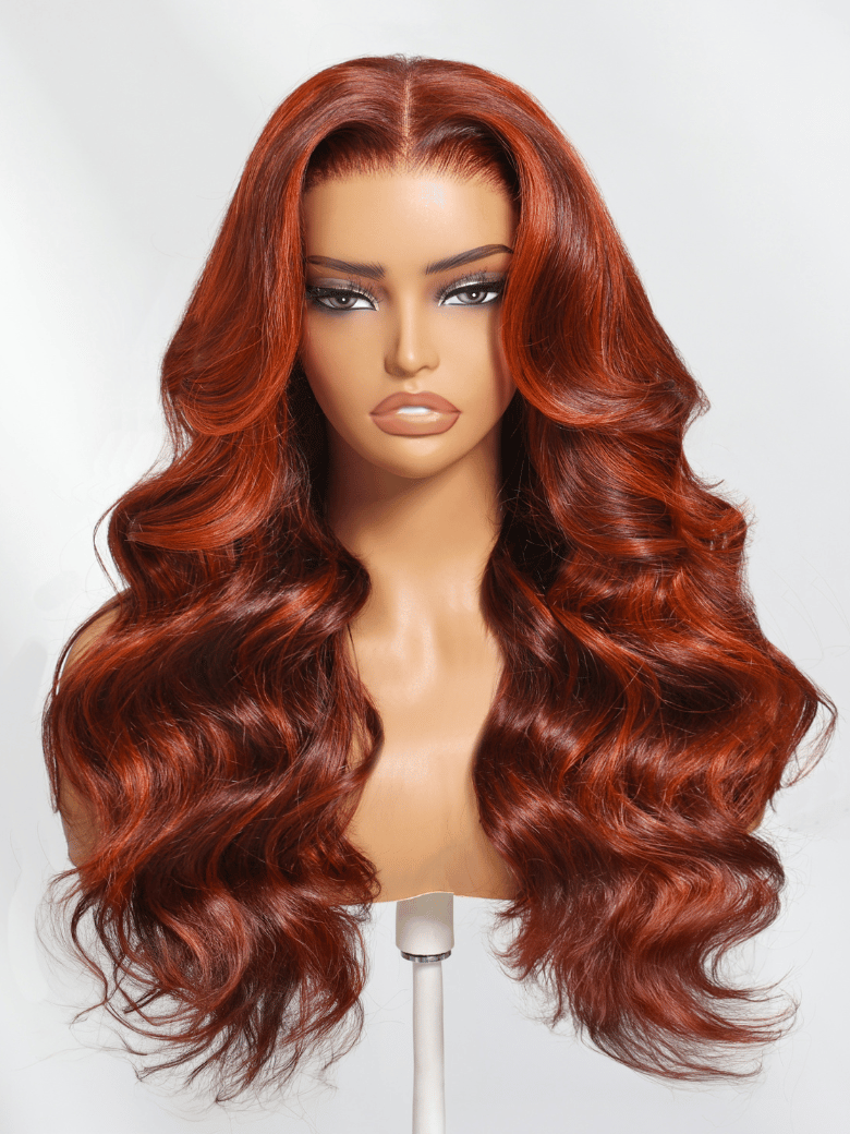 The UNice 7x5 Bye Bye Knots Red Orange Highlights Lace Wig with Face Framing Layers image highlights LO, a wig with long red hair and loose wave texture, highlight, 7x5.