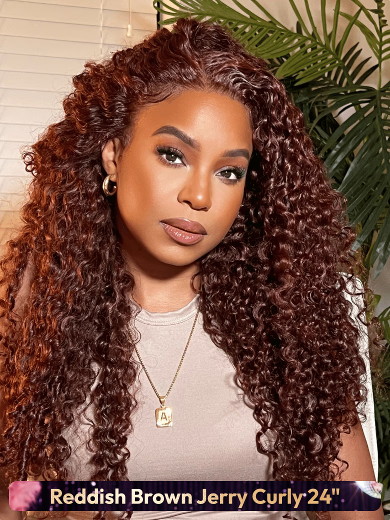 A model displays the UNice 180% Density Pre-Cut 6x4.5 Glueless Lace Honey Brown Highlights/ Reddish wig, showing a model with long curly hair and a white shirt and body.