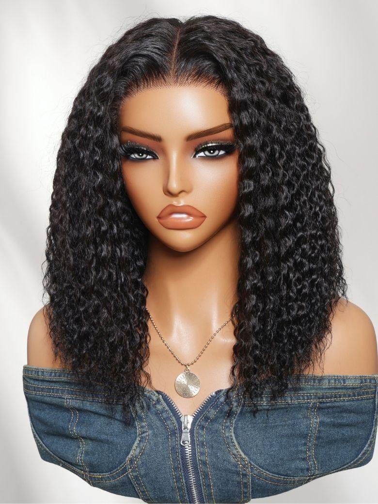 A model displays the UNice 7x5 Bye Bye Slip Lace Frontal Black Soft Wet-Look Twist-Out Inspired Curls, showing a wig with curly hair and 7x5, glueless wear, lace finish.