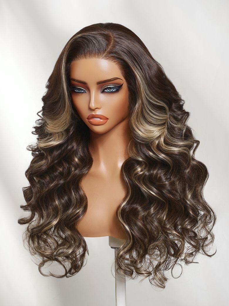 A model displays the UNice Bye Bye Slip 7x5 Lace Glueless Ash Brown Highlights Luxury Body Wave wig, showing a model with long brown hair and wavy brown hair and body.