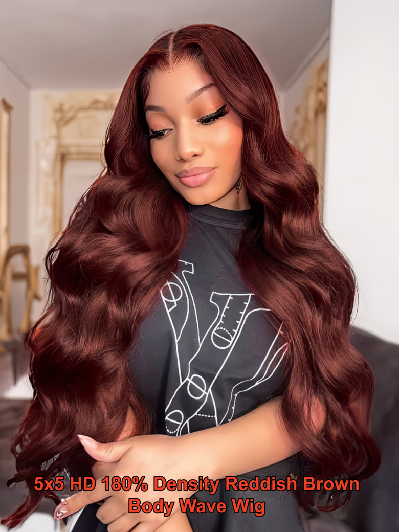 A model displays the UNice 5x5 HD Reddish Brown body wave & 4x4 Pre-Cut Lace Chocolate Brown Yaki wig, showing a model with long red hair wearing a black top and body.