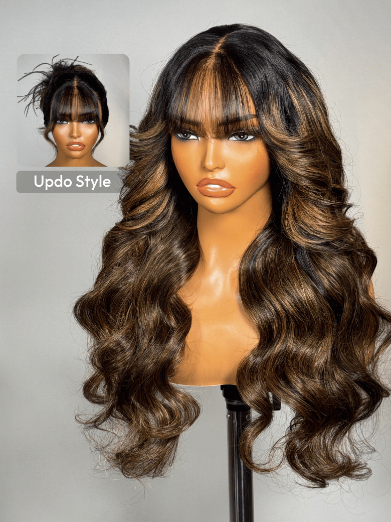The UNice 7x5 Bye Bye Knots & 13x4 Pre-Everything Wig Glueless Lace Balayage Highlight image highlights Updo Style, a wig with long hair and bangs and body wave texture.