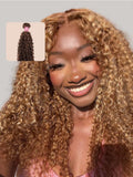 A model displays the UNice Curly Hair With Blonde Highlight Human Hair Weft One Bundle, showing a model with long curly hair and a pink dress and curly texture.