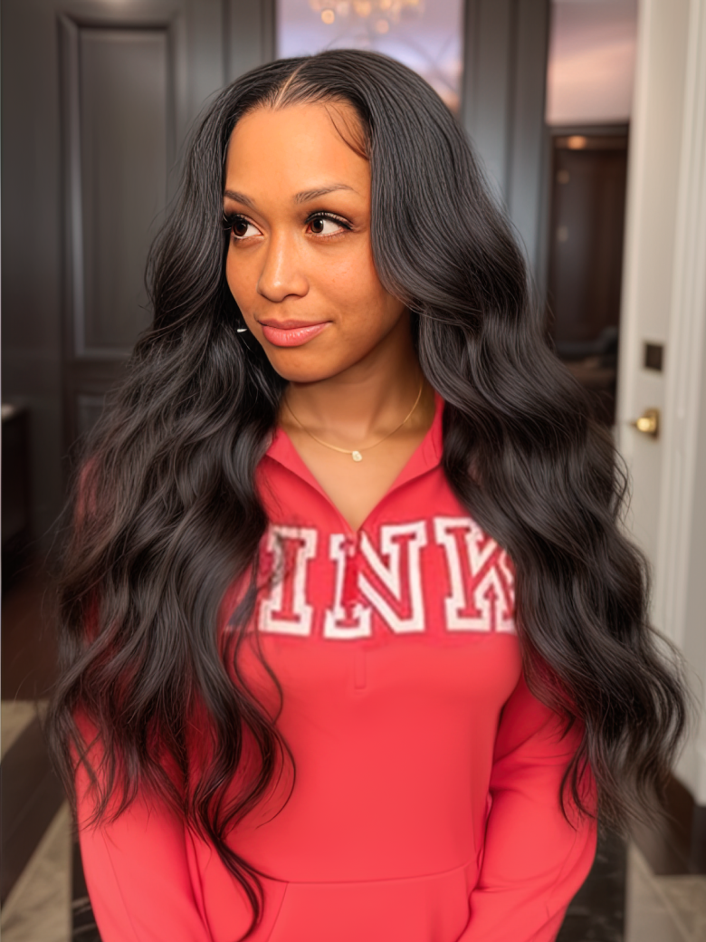 A model displays the UNice Tiktok Hair Bundles 3 Pcs/pack Brazilian Body Wave Virgin Hair, showing a model with long black hair wearing a red hoodie and body wave.