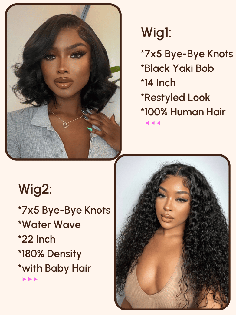 A model displays the UNice $249=2 wig 22" 7x5 Bye Bye Knots and14" Black Yaki Bob Wig, showing wigs for black women and yaki texture, 7x5.