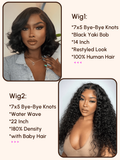 A model displays the UNice $249=2 wig 22" 7x5 Bye Bye Knots and14" Black Yaki Bob Wig, showing wigs for black women and yaki texture, 7x5.
