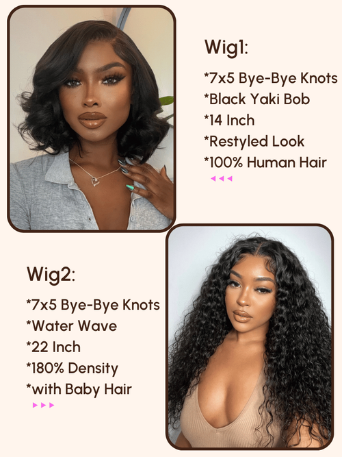 A model displays the UNice $249=2 wig 22" 7x5 Bye Bye Knots and14" Black Yaki Bob Wig, showing wigs for black women and yaki texture, 7x5.
