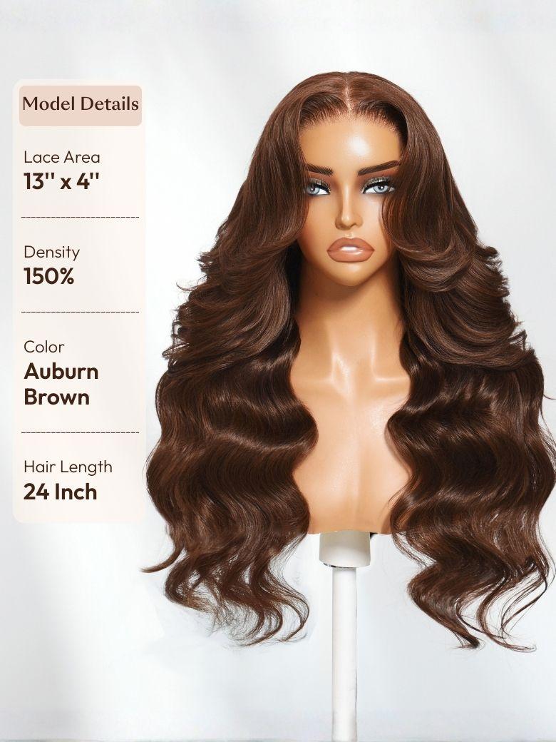 The UNice Glueless Auburn/Red Brown 13x4 Pre-Everything & 7x5 Lace Wig Loose Wave image highlights Model Details, Lace Area, Density, Color, a wig with long brown hair.
