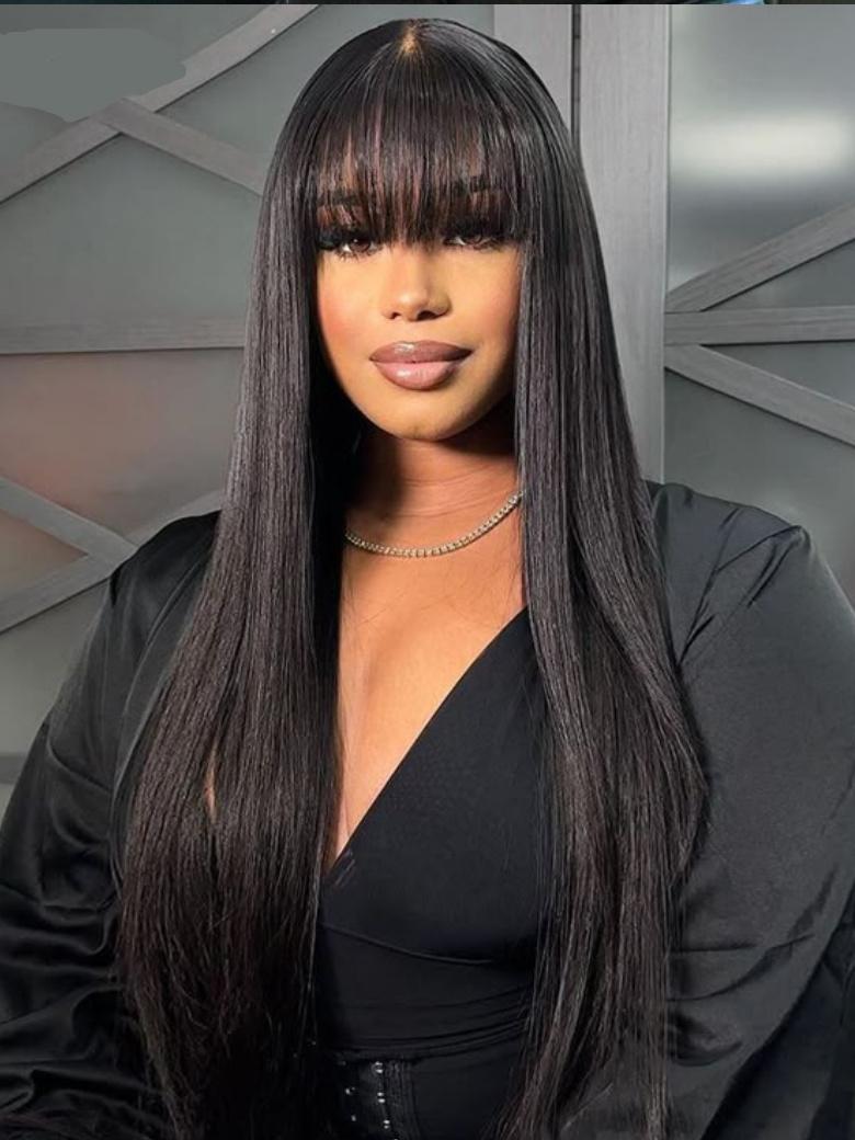A model displays the UNice Black Yaki Texture Human Hair Glueless Wig with Blunt Bangs, showing a model with long black hair and bangs and yaki texture, glueless wear.