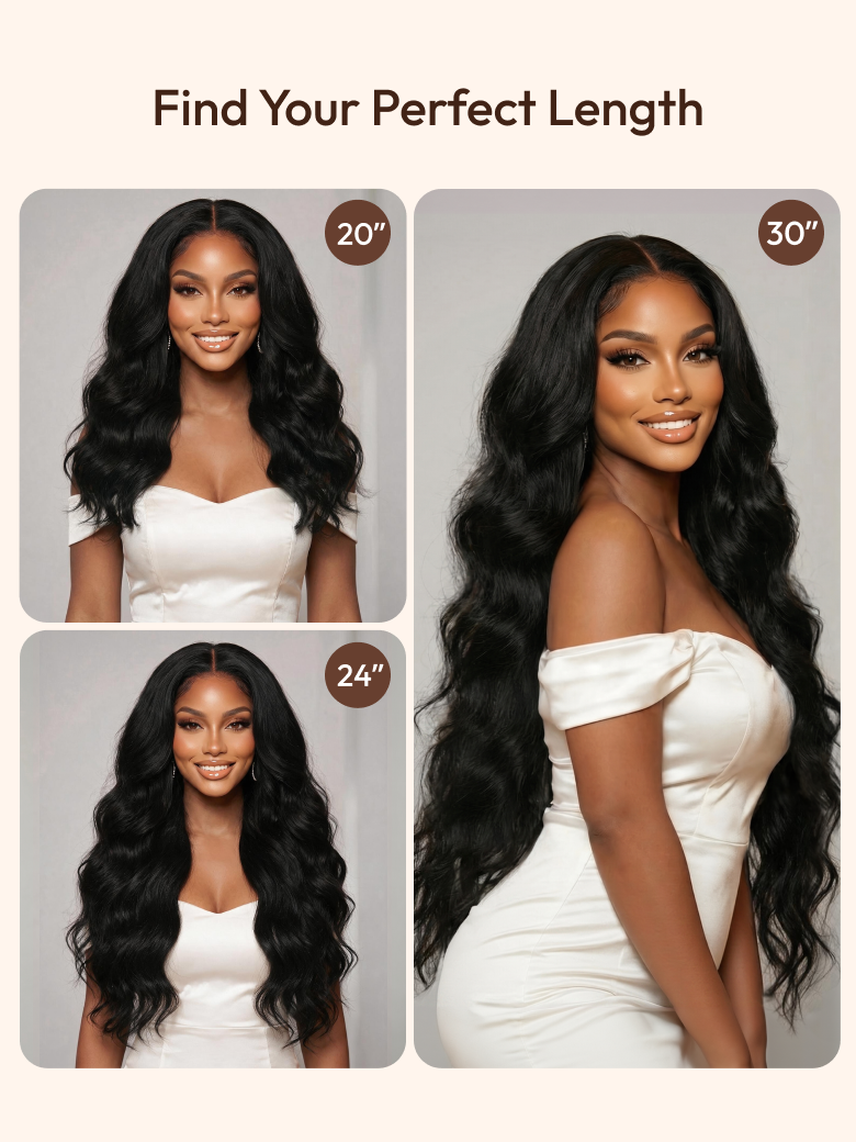 The UNice 13x4 HD Lace Bye Bye Slip Body Wave Wig - Human Hair Glueless Pull & Go Fit image highlights Find Your Perfect Length, TopOfChest, BottomOfChest, Waist ToHip.